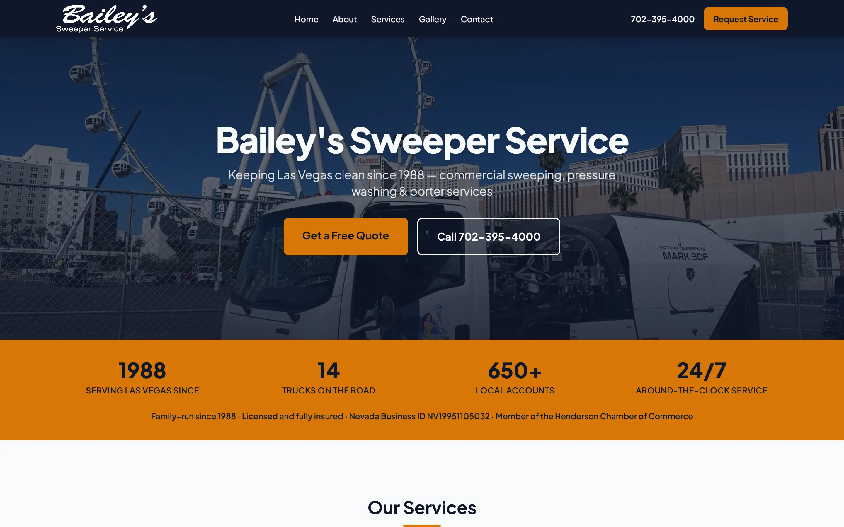 Bailey's Sweeper Service home page as built by 1NM: headline, services and an enquiry button
